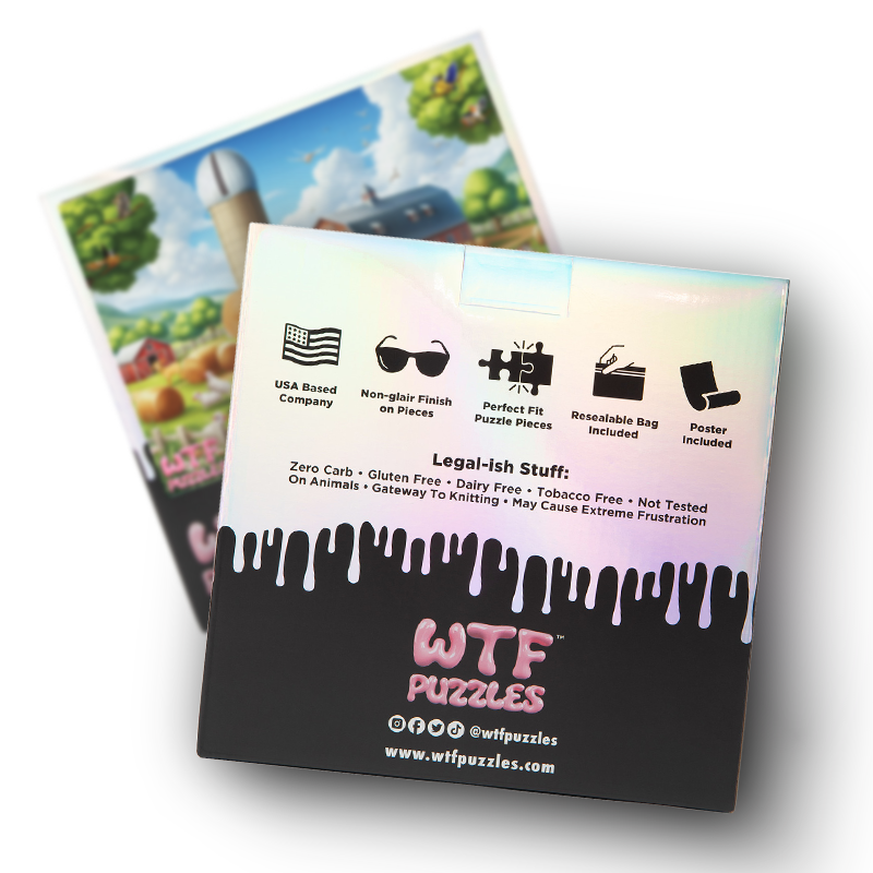 Back of the Fuck Farm 1000-piece jigsaw puzzle box with product details