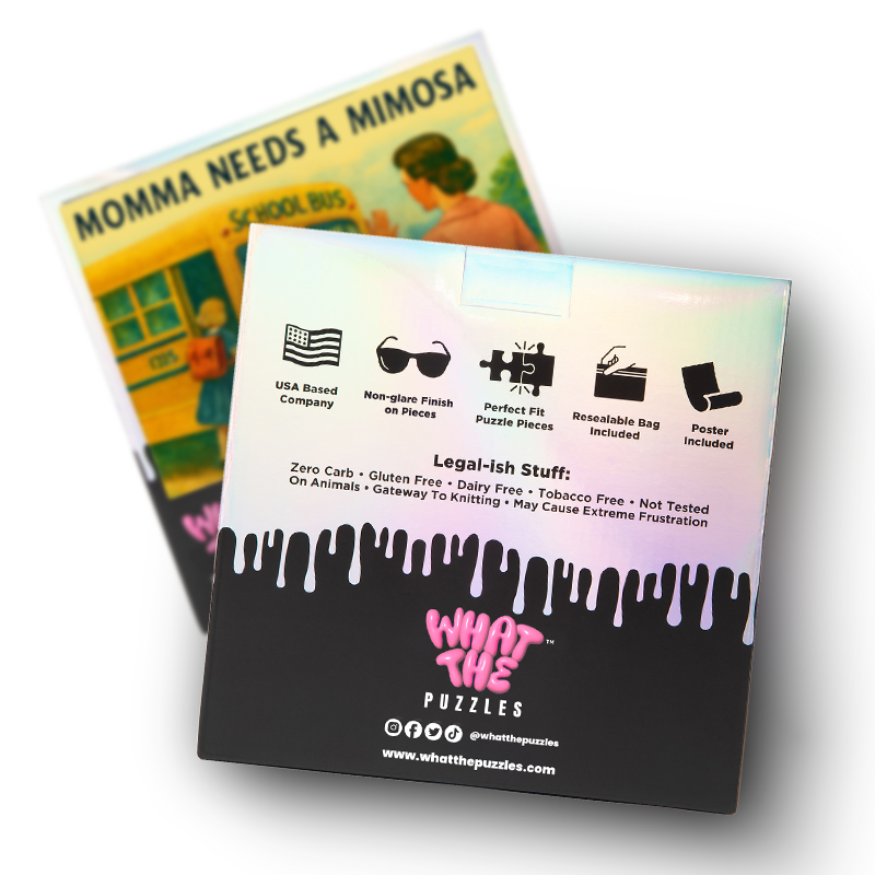 Back of the Momma Needs 1000-piece jigsaw puzzle box with product details
