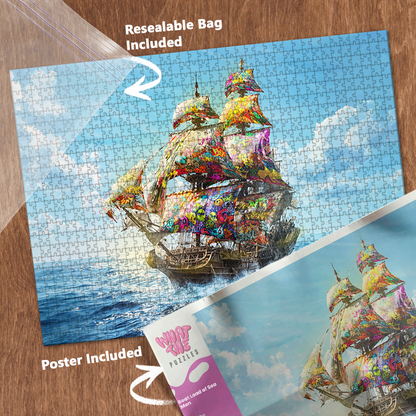 What The Puzzles | Boat Load of Sea Men 1000-piece jigsaw puzzle with resealable bag and included poster.
