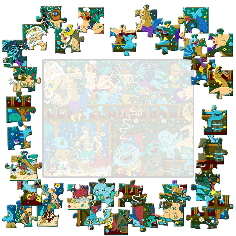 Jigsaw puzzle with cartoon characters in a completed state on a white background