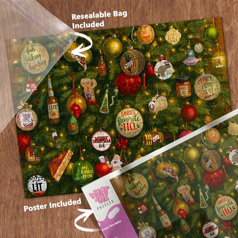 Deck The Balls 1000-piece jigsaw puzzle with resealable bag and included poster