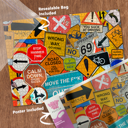 Detour To Debauchery 1000-piece jigsaw puzzle with resealable bag and included poster.