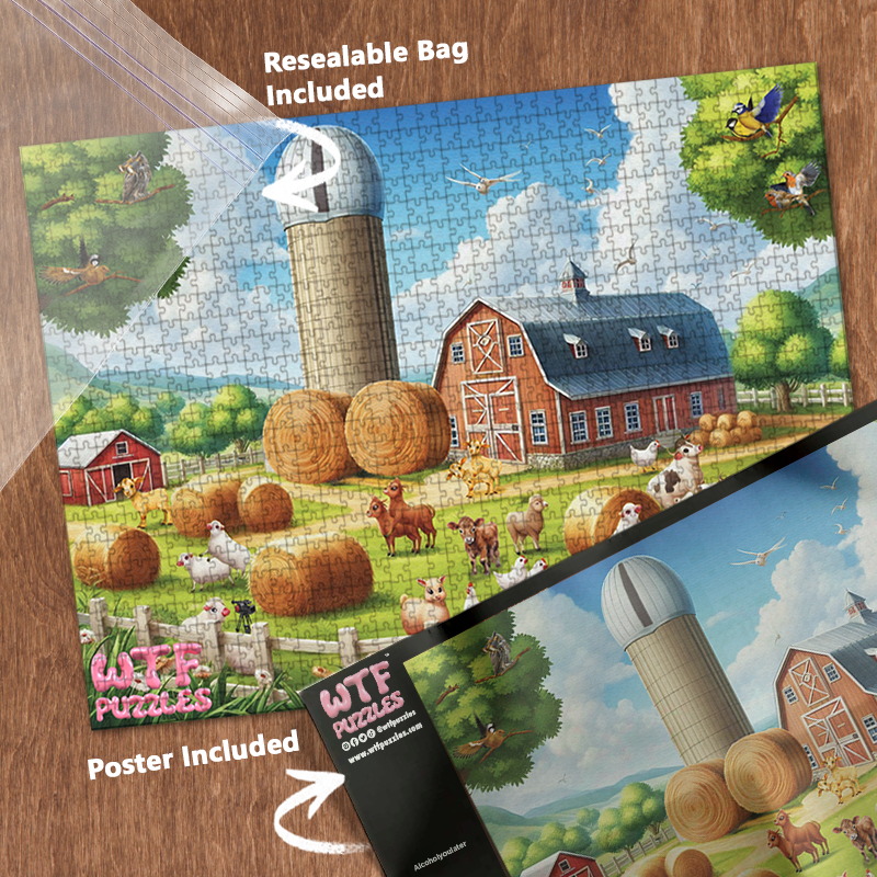 Fuck Farm 1000-piece jigsaw puzzle with resealable bag and included poster.