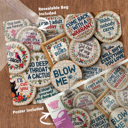 Get Your Stitch Together 1000-piece jigsaw puzzle with resealable bag and included poster.
