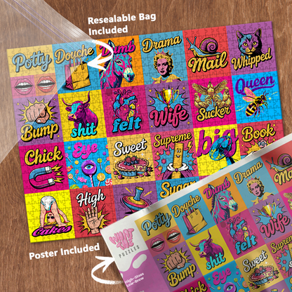 High-Gloss Low-Brow 1000-piece jigsaw puzzle with resealable bag and included poster.