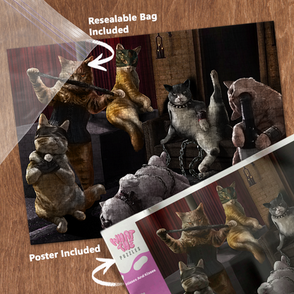 Hisses and Kisses 1000-piece jigsaw puzzle with resealable bag and included poster.
