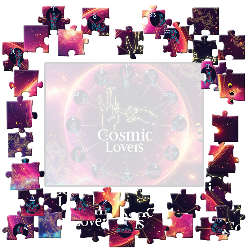 Jigsaw puzzle with 'Cosmic Lovers' design on a white background
