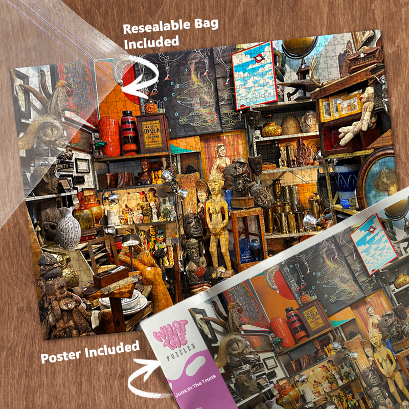 Junk in the Trunk 1000-piece jigsaw puzzle with resealable bag and included poster
