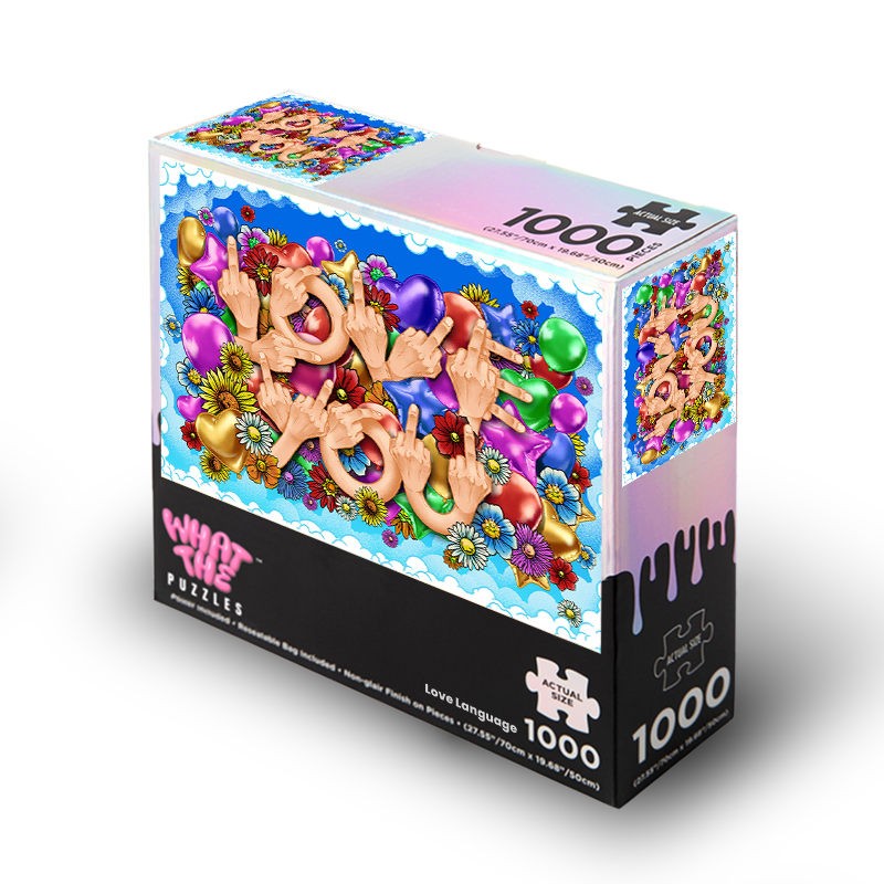 A 1000-piece jigsaw puzzle box by Whim Puzzles, featuring a vibrant, colorful graffiti-style illustration of hands forming the word 'LOVE' with balloons, flowers, and hearts on a blue background.