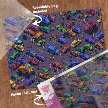 Parking Lot Purgatory 1000-piece jigsaw puzzle with resealable bag and included poster