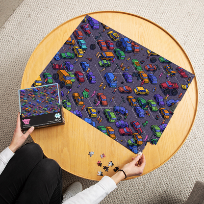 Parking Lot Purgatory 1000-piece puzzle finished and laid out on table