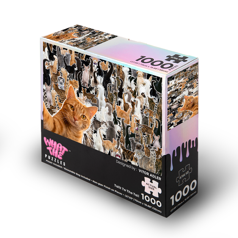 A 1000-piece jigsaw puzzle box by Who Dares Puzzles, featuring a collage of various cats on the front and side panels, with a prominent orange tabby cat on the left side. The box is black at the bottom with pink brand lettering and a holographic shimmering top.