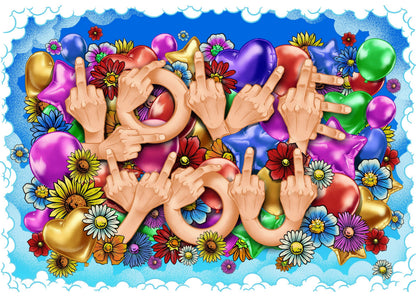A colorful graphic design featuring the phrase 'LOVE YOU' spelled out by cartoon hands making the middle finger gesture, surrounded by balloons, flowers, and stars on a blue sky background with a white cloud border.