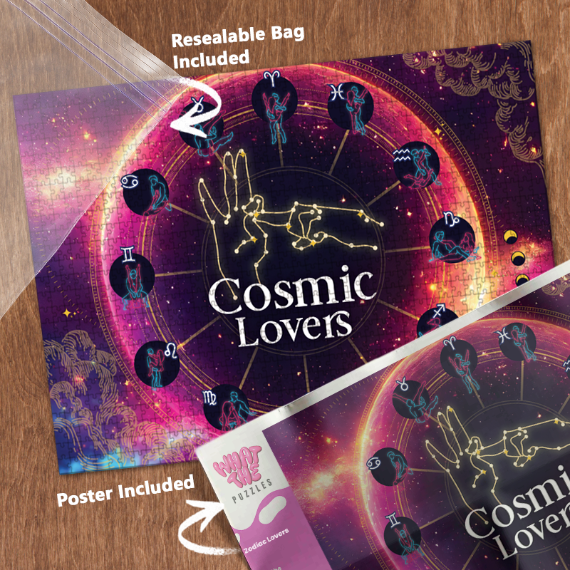 Zodiac Lovers 1000-piece jigsaw puzzle with resealable bag and included poster