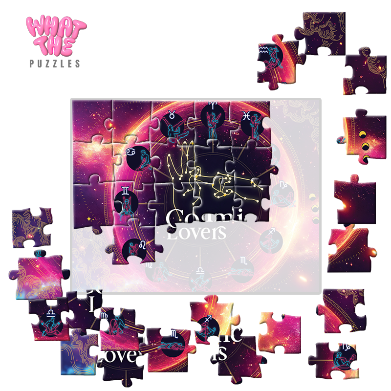 Cosmic Lovers jigsaw puzzle with colorful design and 'What The Puzzles' branding.