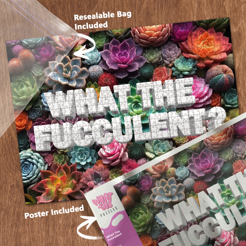 What The Fucculent 1000-piece jigsaw puzzle with resealable bag and included poster.