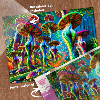 Butt shrooms 1000-piece jigsaw puzzle with resealable bag and included poster.
