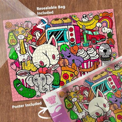 Dirty Doodles 1000-piece jigsaw puzzle with resealable bag and included poster.