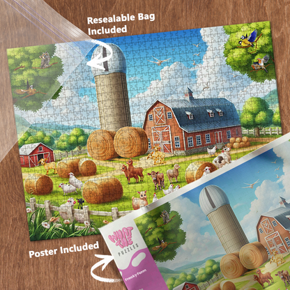 Fuck farm 1000-piece jigsaw puzzle with resealable bag and included poster.