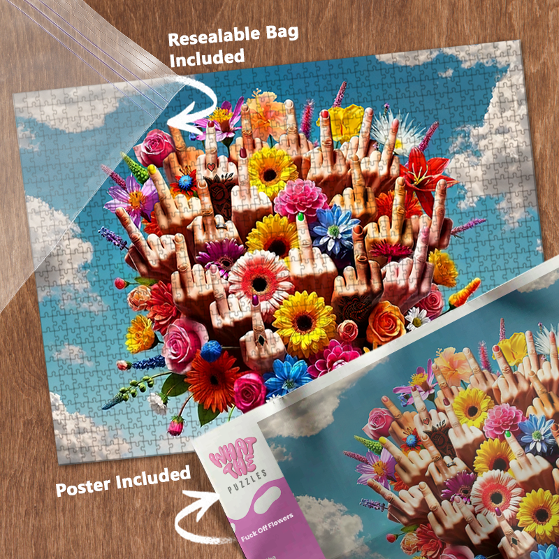 Fuck off flowers 1000-piece jigsaw puzzle with resealable bag and included poster.