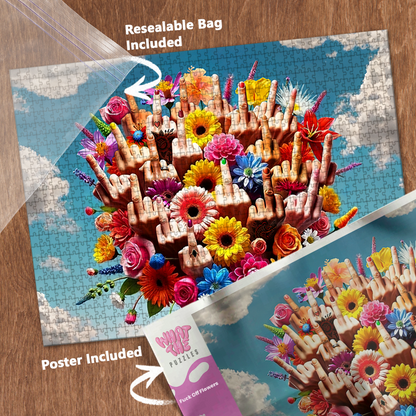 Fuck off flowers 1000-piece jigsaw puzzle with resealable bag and included poster.
