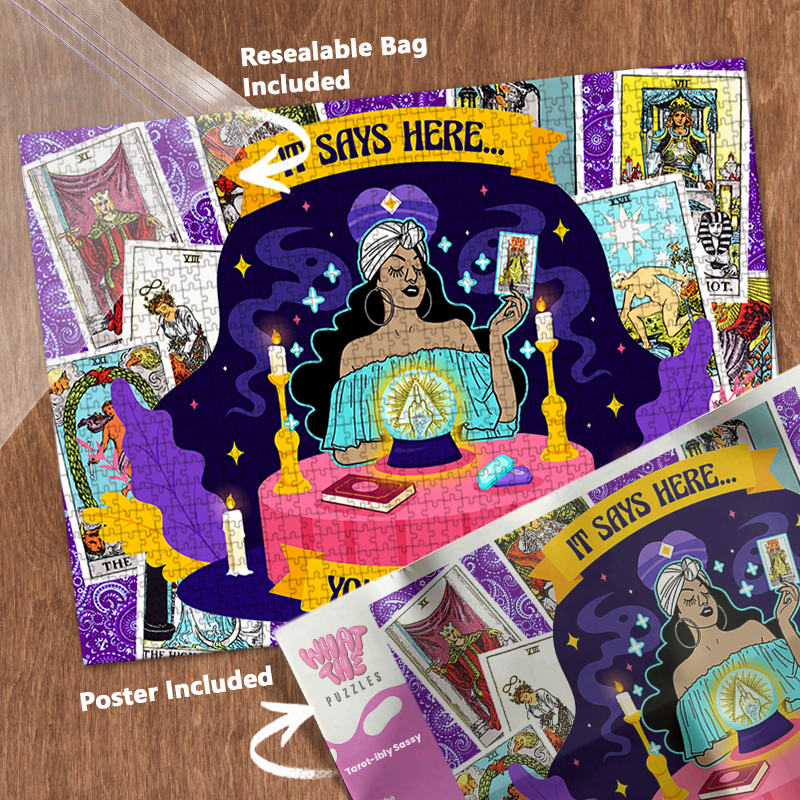Tarot bitch 1000-piece jigsaw puzzle with resealable bag and included poster.