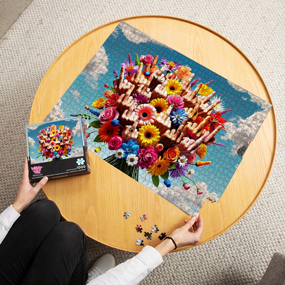 Fuck off flowers 1000-piece puzzle finished and laid out on table