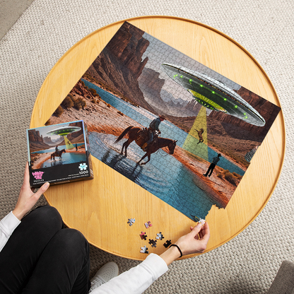Horsing around  1000-piece puzzle finished and laid out on table